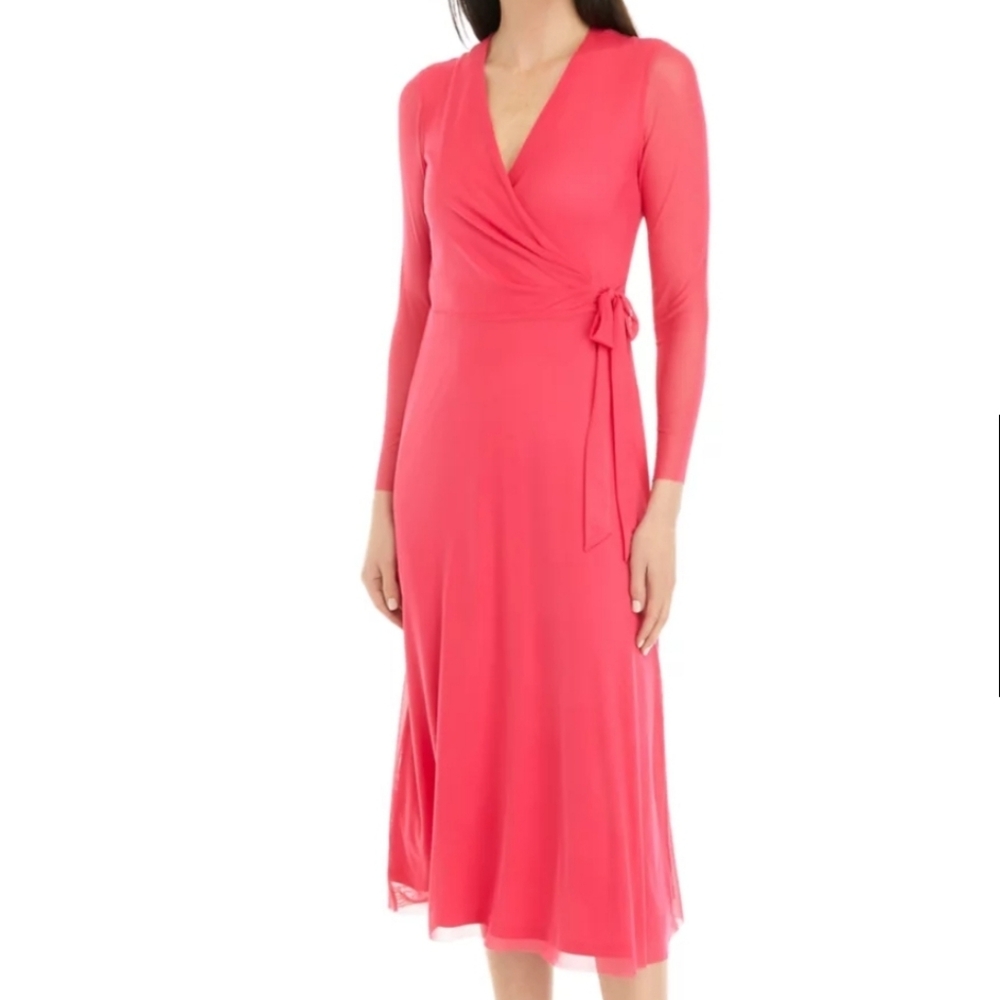 Anne Klein Women's Mesh Midi Faux Wrap Dress Vibrant Pink PTP 23"